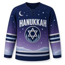 Load image into Gallery viewer, Starry Winter Sky Hanukkah Hockey Jersey in Twilight Indigo, front view – custom name and number