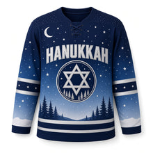 Load image into Gallery viewer, Starry Winter Sky Hanukkah Hockey Jersey in Night Sky Blue, front view – custom name and number