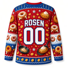 Load image into Gallery viewer, Sufganiyot and Latkes Party Hanukkah Hockey Jersey in Jelly Berry, back view with your name and number