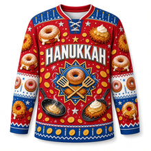 Load image into Gallery viewer, Sufganiyot and Latkes Party Hanukkah Hockey Jersey in Jelly Berry, front view – custom name and number
