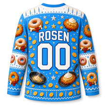 Load image into Gallery viewer, Sufganiyot and Latkes Party Hanukkah Hockey Jersey in Festival Blue, back view with your name and number