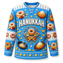 Load image into Gallery viewer, Sufganiyot and Latkes Party Hanukkah Hockey Jersey in Festival Blue, front view – custom name and number