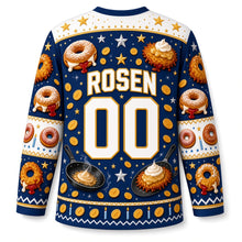 Load image into Gallery viewer, Sufganiyot and Latkes Party Hanukkah Hockey Jersey in Party Navy, back view with your name and number
