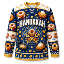 Load image into Gallery viewer, Sufganiyot and Latkes Party Hanukkah Hockey Jersey in Party Navy, front view – custom name and number