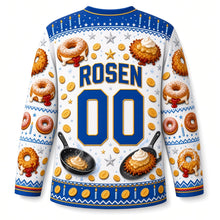 Load image into Gallery viewer, Sufganiyot and Latkes Party Hanukkah Hockey Jersey in Powdered White, back view with your name and number