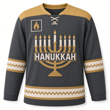 Load image into Gallery viewer, Tapestry Weave Menorah Hanukkah Hockey Jersey in Tapestry Charcoal, front view – custom name and number