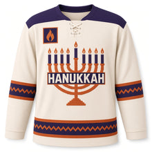 Load image into Gallery viewer, Tapestry Weave Menorah Hanukkah Hockey Jersey in Tapestry Cream, front view – custom name and number