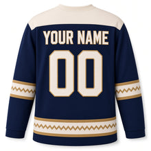 Load image into Gallery viewer, Tapestry Weave Menorah Hanukkah Hockey Jersey in Tapestry Indigo, back view with your name and number