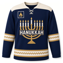 Load image into Gallery viewer, Tapestry Weave Menorah Hanukkah Hockey Jersey in Tapestry Indigo, front view – custom name and number