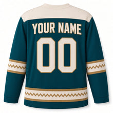 Load image into Gallery viewer, Tapestry Weave Menorah Hanukkah Hockey Jersey in Tapestry Teal, back view with your name and number