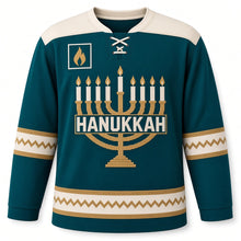 Load image into Gallery viewer, Tapestry Weave Menorah Hanukkah Hockey Jersey in Tapestry Teal, front view – custom name and number
