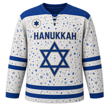 Load image into Gallery viewer, Terrazzo Speckle Star Hanukkah Hockey Jersey in Terrazzo Grey, front view – custom name and number