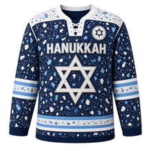 Load image into Gallery viewer, Terrazzo Speckle Star Hanukkah Hockey Jersey in Terrazzo Navy, front view – custom name and number