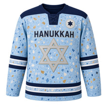 Load image into Gallery viewer, Terrazzo Speckle Star Hanukkah Hockey Jersey in Terrazzo Sky, front view – custom name and number