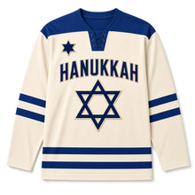 Load image into Gallery viewer, Varsity Chenille Star Hanukkah Hockey Jersey in Varsity Cream, front view – custom name and number