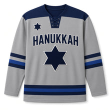 Load image into Gallery viewer, Varsity Chenille Star Hanukkah Hockey Jersey in Varsity Heather, front view – custom name and number