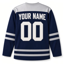 Load image into Gallery viewer, Varsity Chenille Star Hanukkah Hockey Jersey in Varsity Navy, back view with your name and number