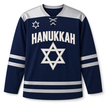 Load image into Gallery viewer, Varsity Chenille Star Hanukkah Hockey Jersey in Varsity Navy, front view – custom name and number