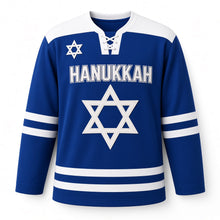 Load image into Gallery viewer, Varsity Chenille Star Hanukkah Hockey Jersey in Varsity Royal, front view – custom name and number