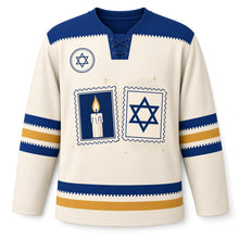 Load image into Gallery viewer, Vintage Postcard Greetings Hanukkah Hockey Jersey in Postcard Cream, front view – custom name and number