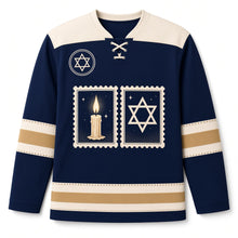 Load image into Gallery viewer, Vintage Postcard Greetings Hanukkah Hockey Jersey in Postcard Navy, front view – custom name and number