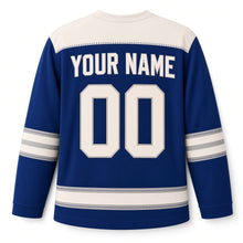 Load image into Gallery viewer, Vintage Postcard Greetings Hanukkah Hockey Jersey in Postcard Royal, back view with your name and number