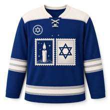 Load image into Gallery viewer, Vintage Postcard Greetings Hanukkah Hockey Jersey in Postcard Royal, front view – custom name and number