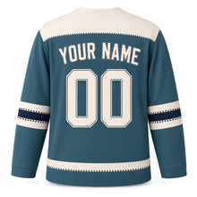Load image into Gallery viewer, Vintage Postcard Greetings Hanukkah Hockey Jersey in Postcard Teal, back view with your name and number