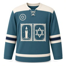 Load image into Gallery viewer, Vintage Postcard Greetings Hanukkah Hockey Jersey in Postcard Teal, front view – custom name and number