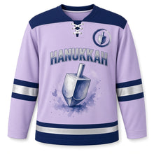 Load image into Gallery viewer, Watercolor Dreidel Hanukkah Hockey Jersey in Watercolor Lilac, front view – custom name and number