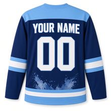 Load image into Gallery viewer, Watercolor Dreidel Hanukkah Hockey Jersey in Watercolor Navy, back view with your name and number