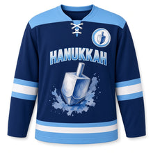 Load image into Gallery viewer, Watercolor Dreidel Hanukkah Hockey Jersey in Watercolor Navy, front view – custom name and number