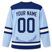 Load image into Gallery viewer, Watercolor Dreidel Hanukkah Hockey Jersey in Watercolor Sky, back view with your name and number