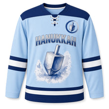 Load image into Gallery viewer, Watercolor Dreidel Hanukkah Hockey Jersey in Watercolor Sky, front view – custom name and number