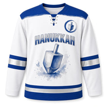 Load image into Gallery viewer, Watercolor Dreidel Hanukkah Hockey Jersey in Watercolor White, front view – custom name and number