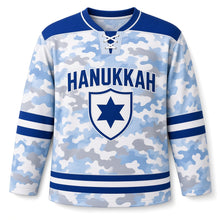 Load image into Gallery viewer, Winter Camo Star Hanukkah Hockey Jersey in Arctic Camo, front view – custom name and number