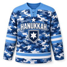 Load image into Gallery viewer, Winter Camo Star Hanukkah Hockey Jersey in Navy Camo, front view – custom name and number