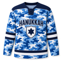 Load image into Gallery viewer, Winter Camo Star Hanukkah Hockey Jersey in Royal Camo, front view – custom name and number