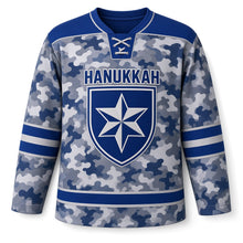 Load image into Gallery viewer, Winter Camo Star Hanukkah Hockey Jersey in Slate Camo, front view – custom name and number
