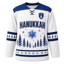 Load image into Gallery viewer, Winter Pines Star Hanukkah Hockey Jersey in Pine Frost White, front view – custom name and number