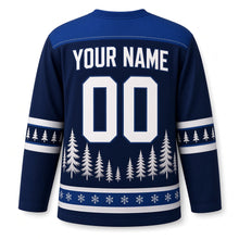 Load image into Gallery viewer, Winter Pines Star Hanukkah Hockey Jersey in Pine Navy, back view with your name and number