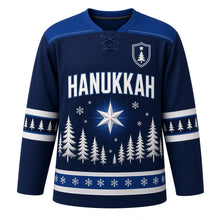 Load image into Gallery viewer, Winter Pines Star Hanukkah Hockey Jersey in Pine Navy, front view – custom name and number