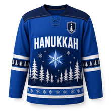 Load image into Gallery viewer, Winter Pines Star Hanukkah Hockey Jersey in Pine Royal, front view – custom name and number