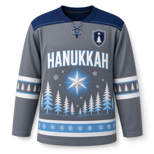 Load image into Gallery viewer, Winter Pines Star Hanukkah Hockey Jersey in Pine Slate, front view – custom name and number