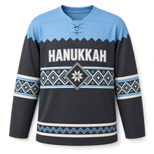 Load image into Gallery viewer, Woven Diamond Band Hanukkah Hockey Jersey in Charcoal Loom, front view – custom name and number