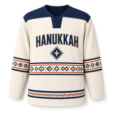 Load image into Gallery viewer, Woven Diamond Band Hanukkah Hockey Jersey in Natural Cream, front view – custom name and number
