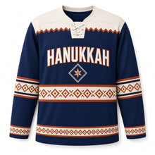 Load image into Gallery viewer, Woven Diamond Band Hanukkah Hockey Jersey in Indigo Weave, front view – custom name and number