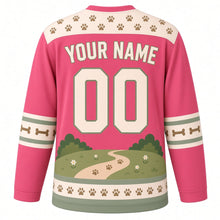 Load image into Gallery viewer, Happy Corgi Trails Original Hockey Jersey in Berry Pink, back view with your name and number – paw-print yoke and bone-stripe sleeve bands