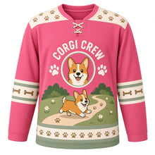 Load image into Gallery viewer, Happy Corgi Trails Original Hockey Jersey in Berry Pink, front view – smiling corgi trotting on a path with paw prints and corgi crest, custom name and number