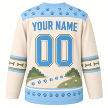 Load image into Gallery viewer, Happy Corgi Trails Original Hockey Jersey in Biscuit Cream, back view with your name and number – paw-print yoke and bone-stripe sleeve bands